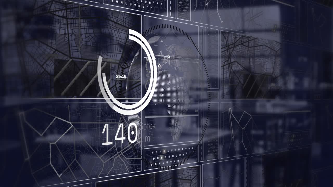 Animation of globe and digital map with circle and number over empty tables and chairs in cafes