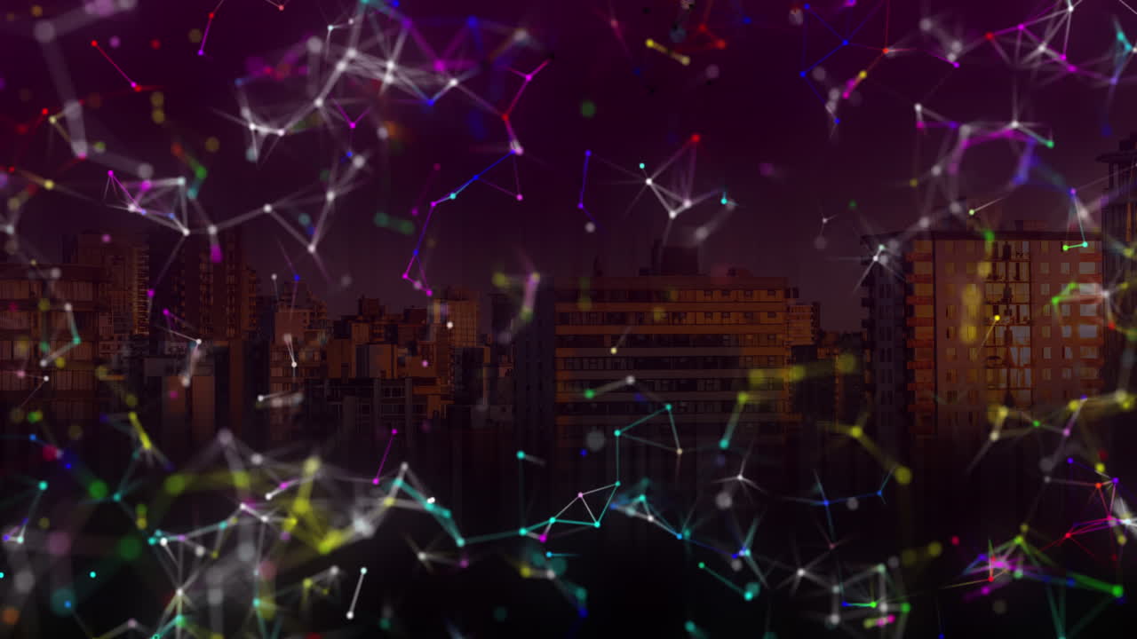 Network of connections against cityscape