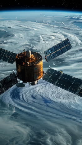 a satellite is in the sky above a planet. the satellite is in the middle of the image and is surrounded by clouds