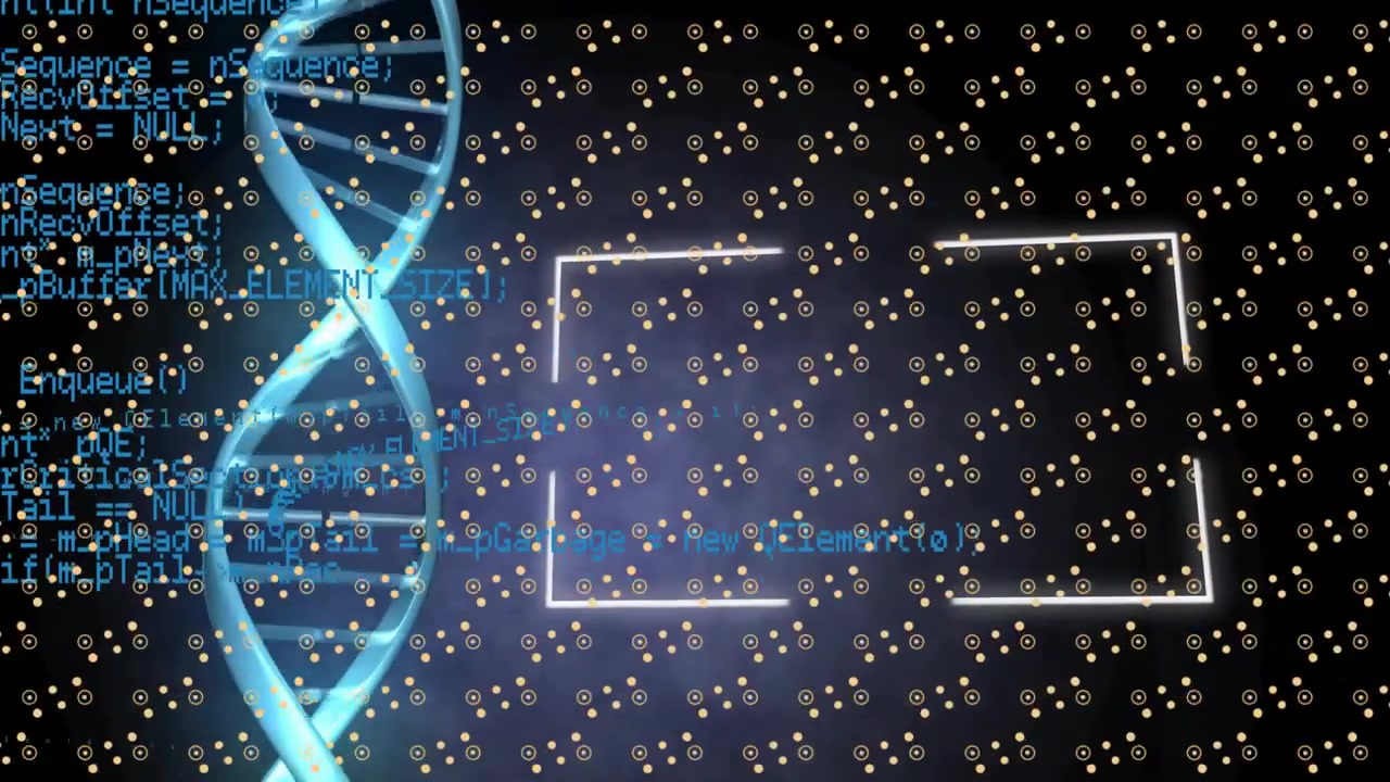 Bright blue arcs appearing on right forming DNA helix on grid, scrolling code populating UI frame