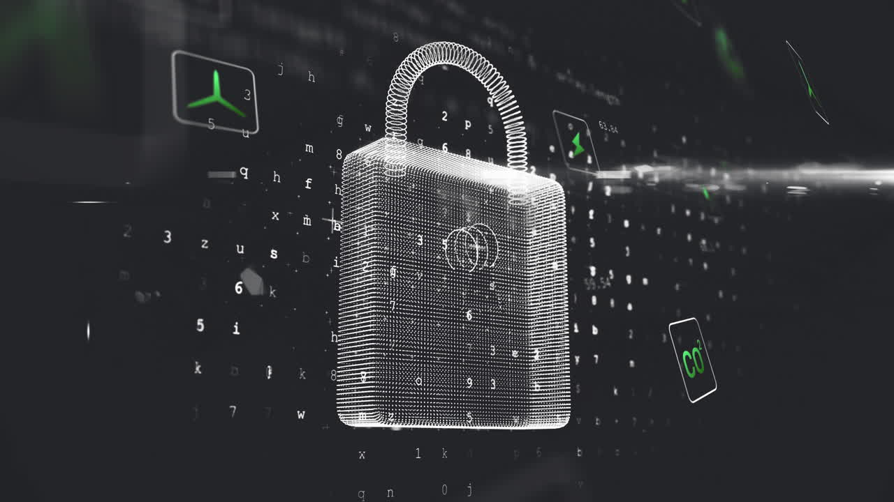 3D wireframe padlock floating in dark digital void, showing data code with green CO2 arrow icons