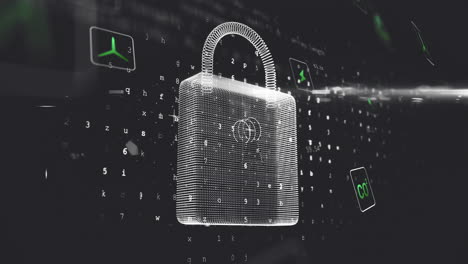 3d wireframe padlock floating in dark digital void, showing data code with green co2 arrow icons