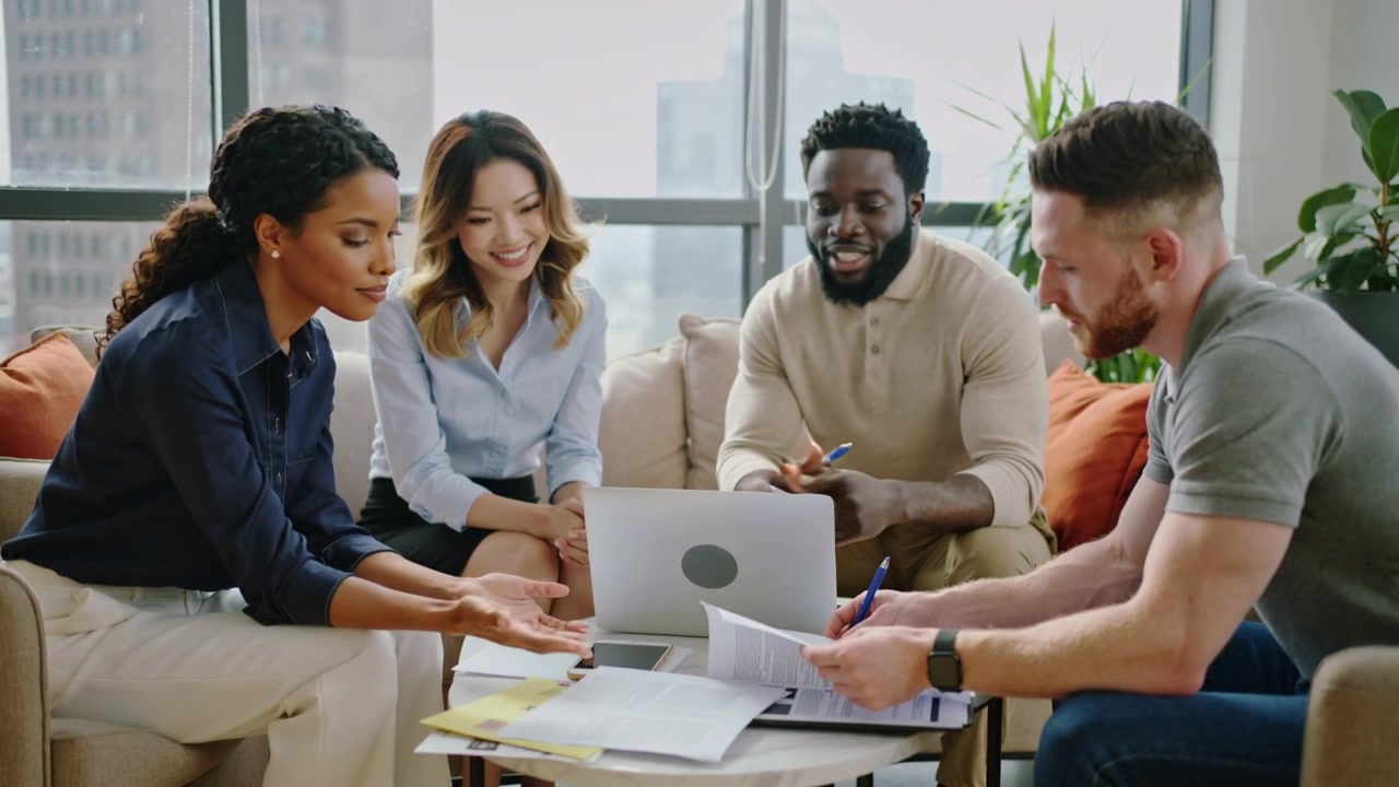 Handing docs, left woman in top shifting papers to right man in office lounge, reviewing laptop