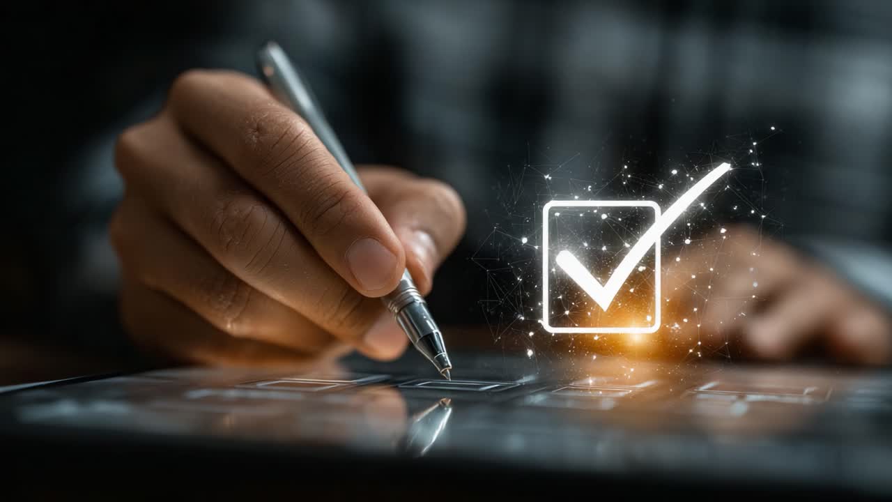 A meticulous hand completing a checklist on a tablet, with a glowing checkmark symbolizing confirmation and accuracy in the digital age, showcasing modern productivity