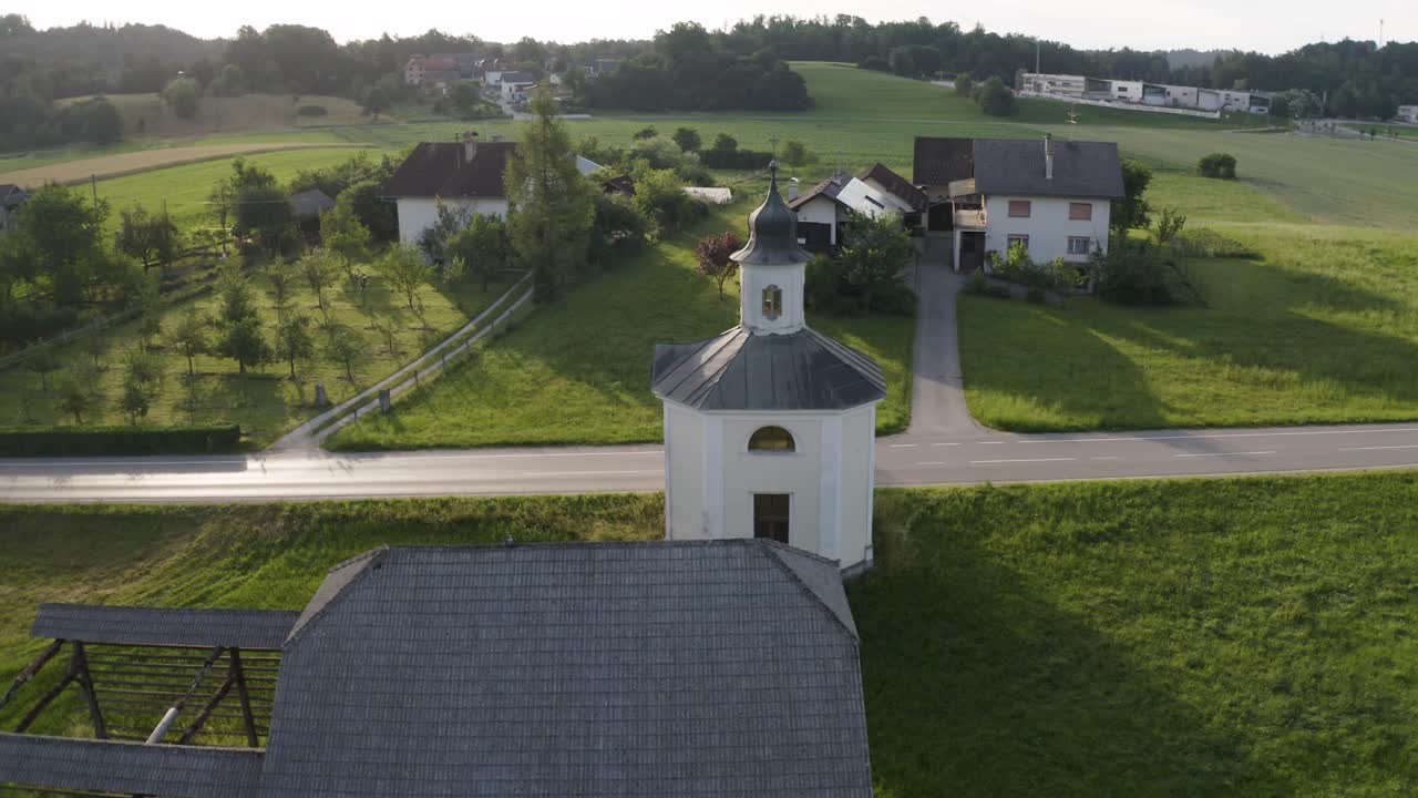 Aerial View of a Small Chapel in the Slovenian Countryside