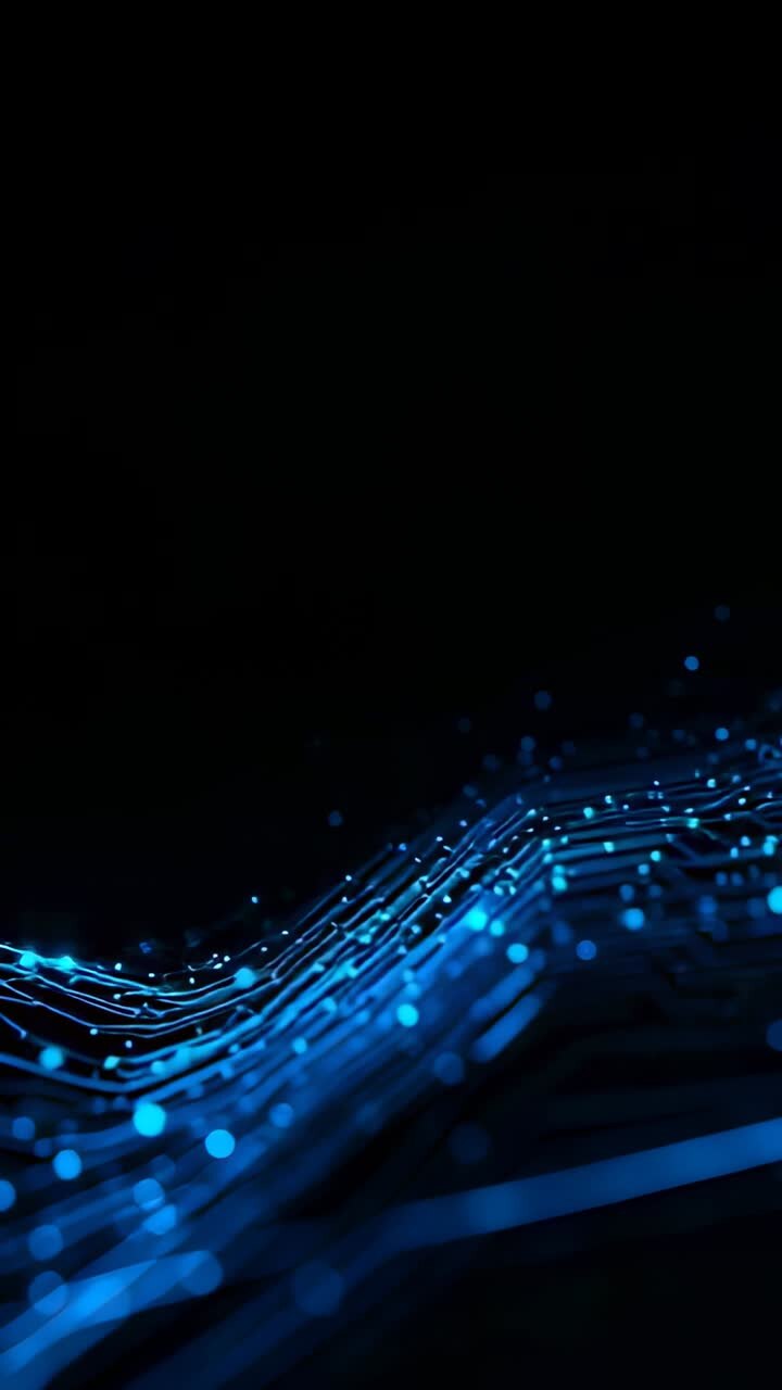 Vertical video: Pulsing glowing blue grid reacting to first frame in void, with blinking data nodes