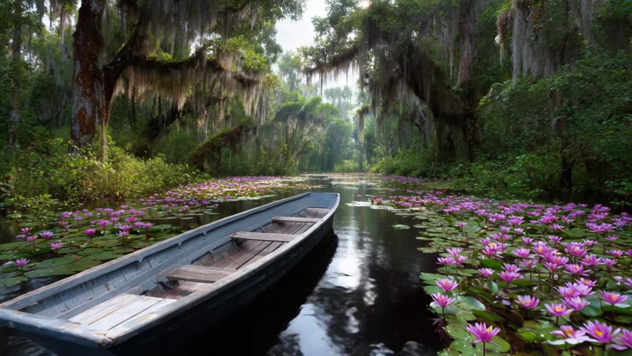 Serene Morning on a Tranquil Waterway Surrounded by Lush Vegetation and Blooming Water Lilies, Capturing Nature's Beauty and Calmness