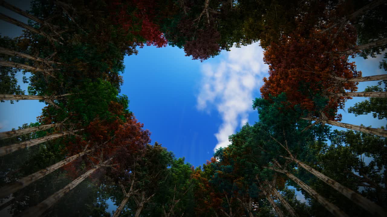 mirando hacia arriba a través de un corazón de árboles en otoño contra nubes de lapso de tiempo, bucle sin costuras, 4k