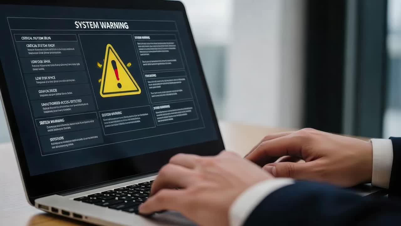 Businessman Reacting to a Critical System Warning Message on His Laptop