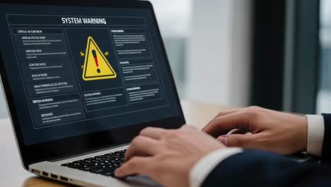 businessman reacting to a critical system warning message on his laptop