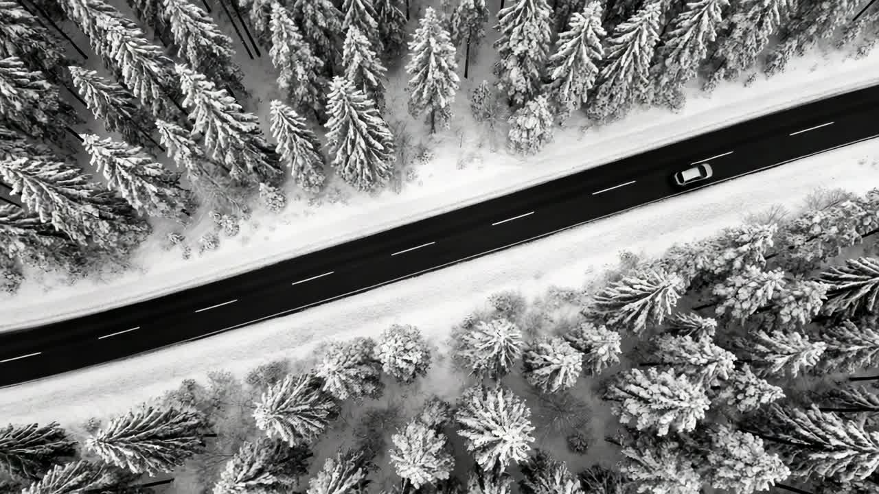 Jedoucí lehké auto odjíždí po dvouproudé silnici zasněženým jedlovým lesem, směřující k okraji záběru.