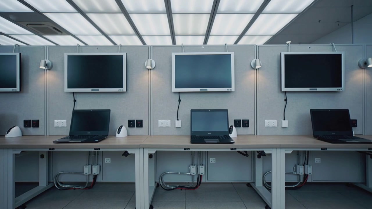 Recording camera starting capturing three stations at office showing monitors, laptops, cables