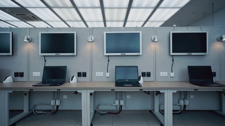Een opnamecamera begint met het vastleggen van drie werkplekken op kantoor, waarop monitoren, laptops en kabels te zien zijn.