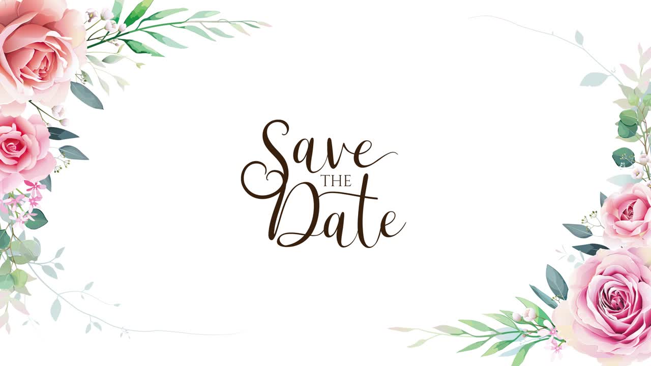 Ghirlanda di verde e rose con testo "Save the date" su sfondo bianco. Animazione 4K.