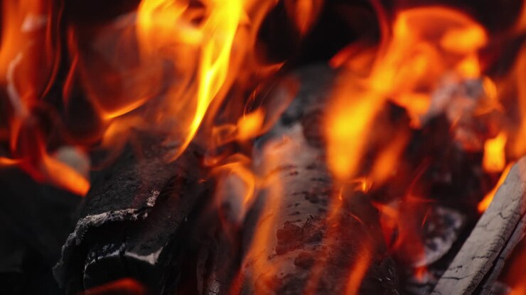 Smoldered wooden logs background. White ash from wood in fire. Detailed motion of slight flame over the charcoals. Close-up. Slow motion