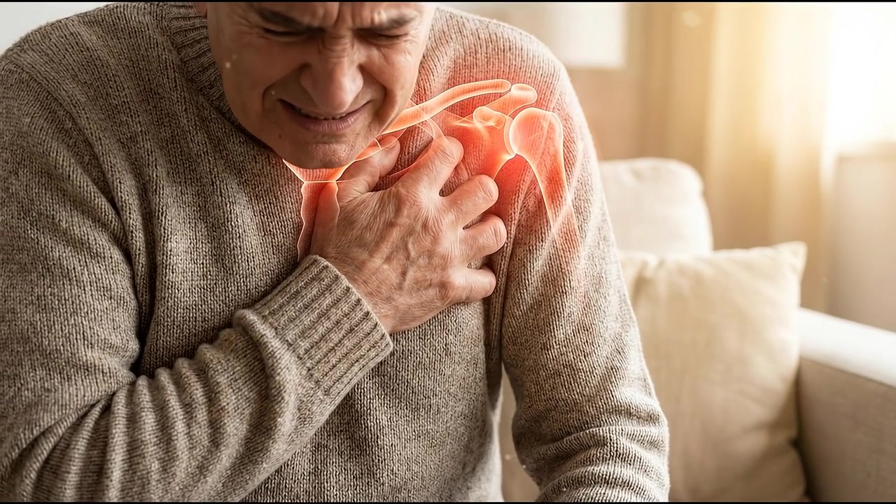 Uomo anziano che prova dolore alla spalla con visualizzazione medica