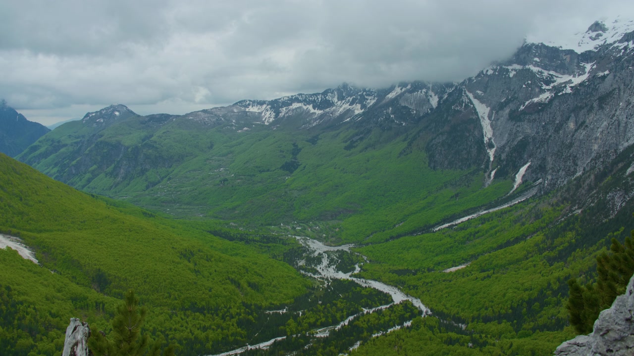 Valle di montagna, foresta verde, fiume, cime innevate, scatto da treppiede. Suggestiva vista panoramica di un ruscello alpino che scorre attraverso la natura selvaggia della campagna sotto un cielo nuvoloso