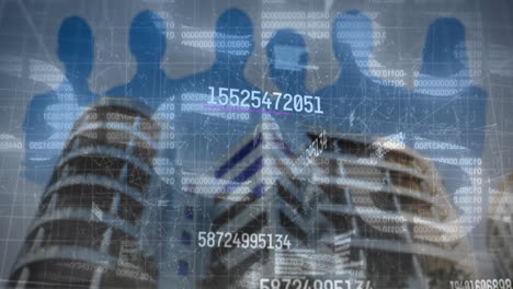 animación del procesamiento de datos financieros sobre siluetas de personas y paisajes urbanos