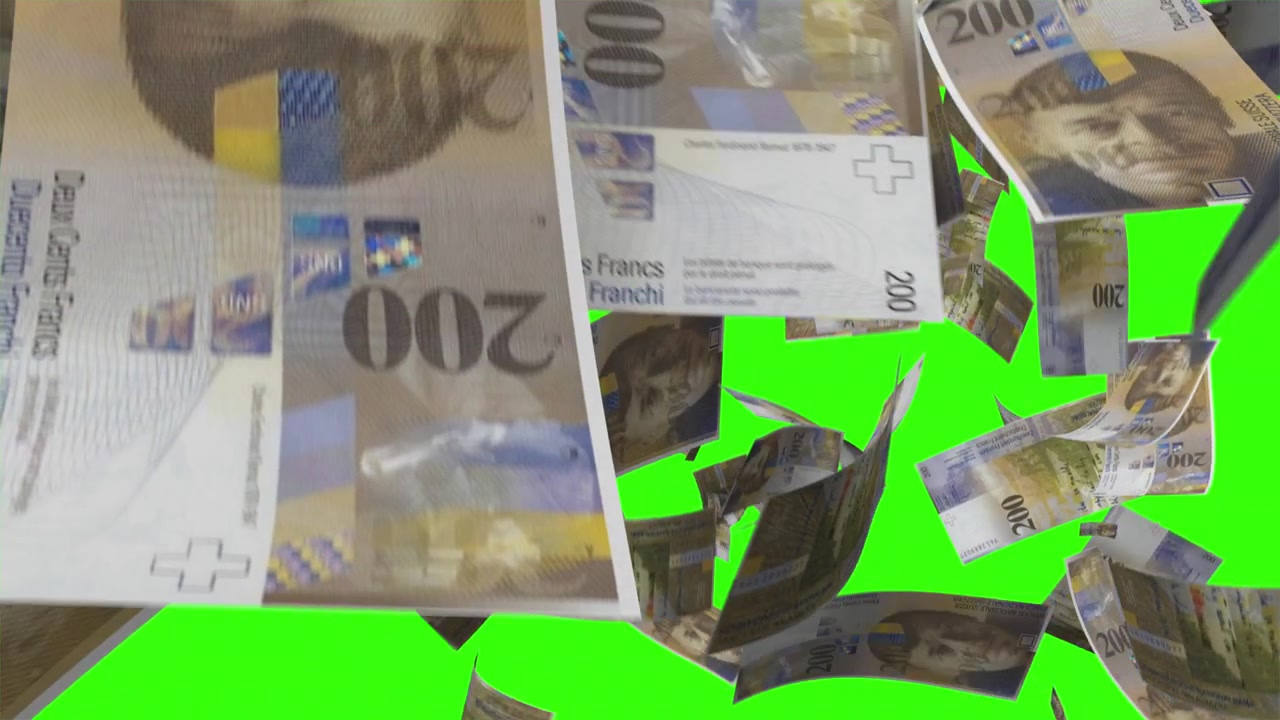 Faldende 200 schweiziske franc pengesedler på grøn skærm