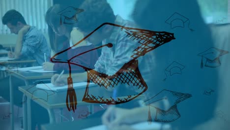 iconos de sombrero de graduación contra un grupo de estudiantes universitarios que estudian en la clase en la universidad