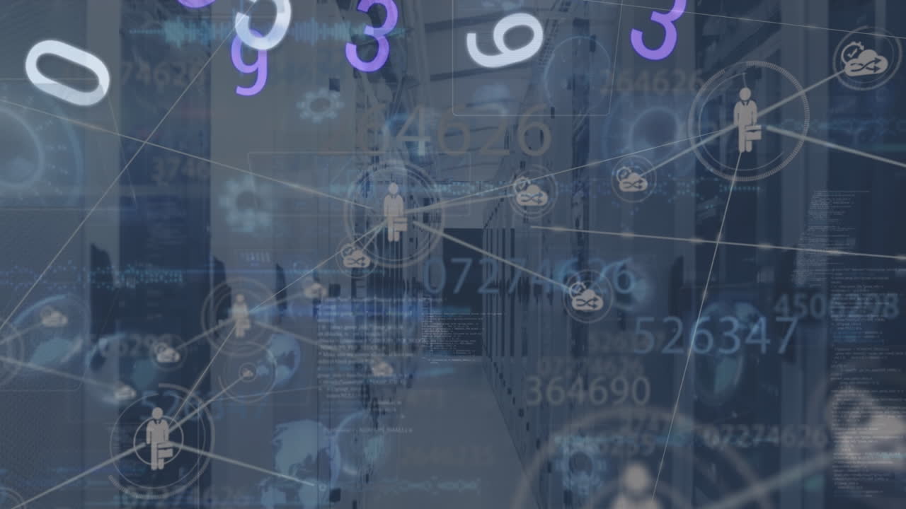 animación de la interfaz digital con la red de conexiones a través de la sala de servidores