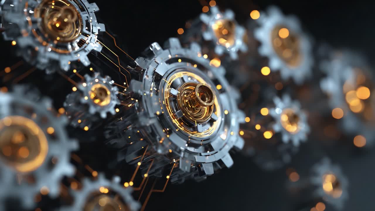 Intricate silver and gold gears rotating together in a seamless loop, representing advanced engineering, teamwork, and industrial automation with glowing data connections on a dark background