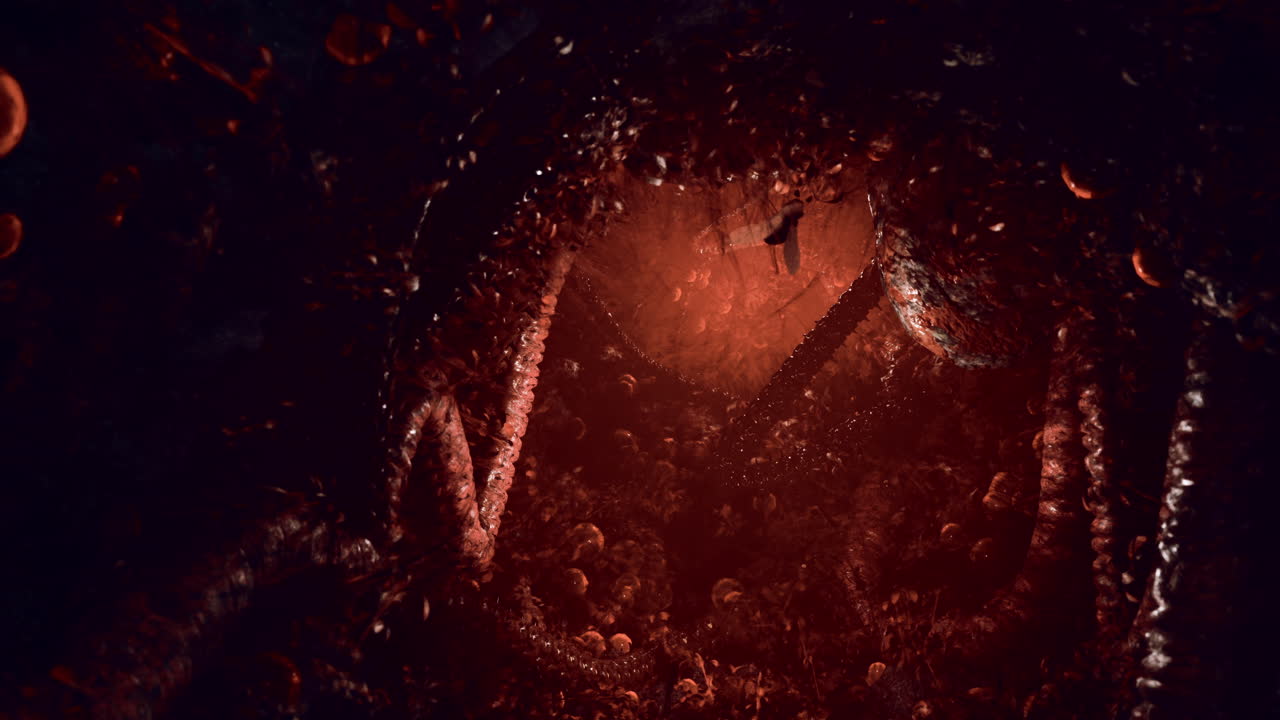 Mysterious cavern glows red revealing textured depths