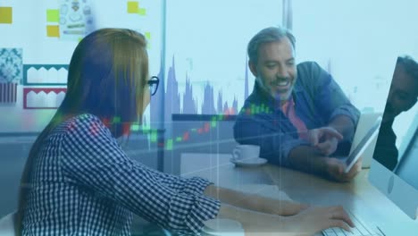 animation of financial data processing over diverse business people using tablet