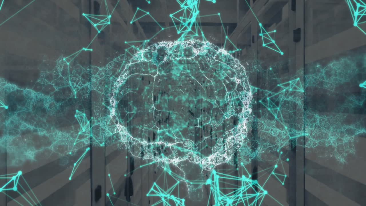 Animation of spinning human brain and plexus networks against computer server room