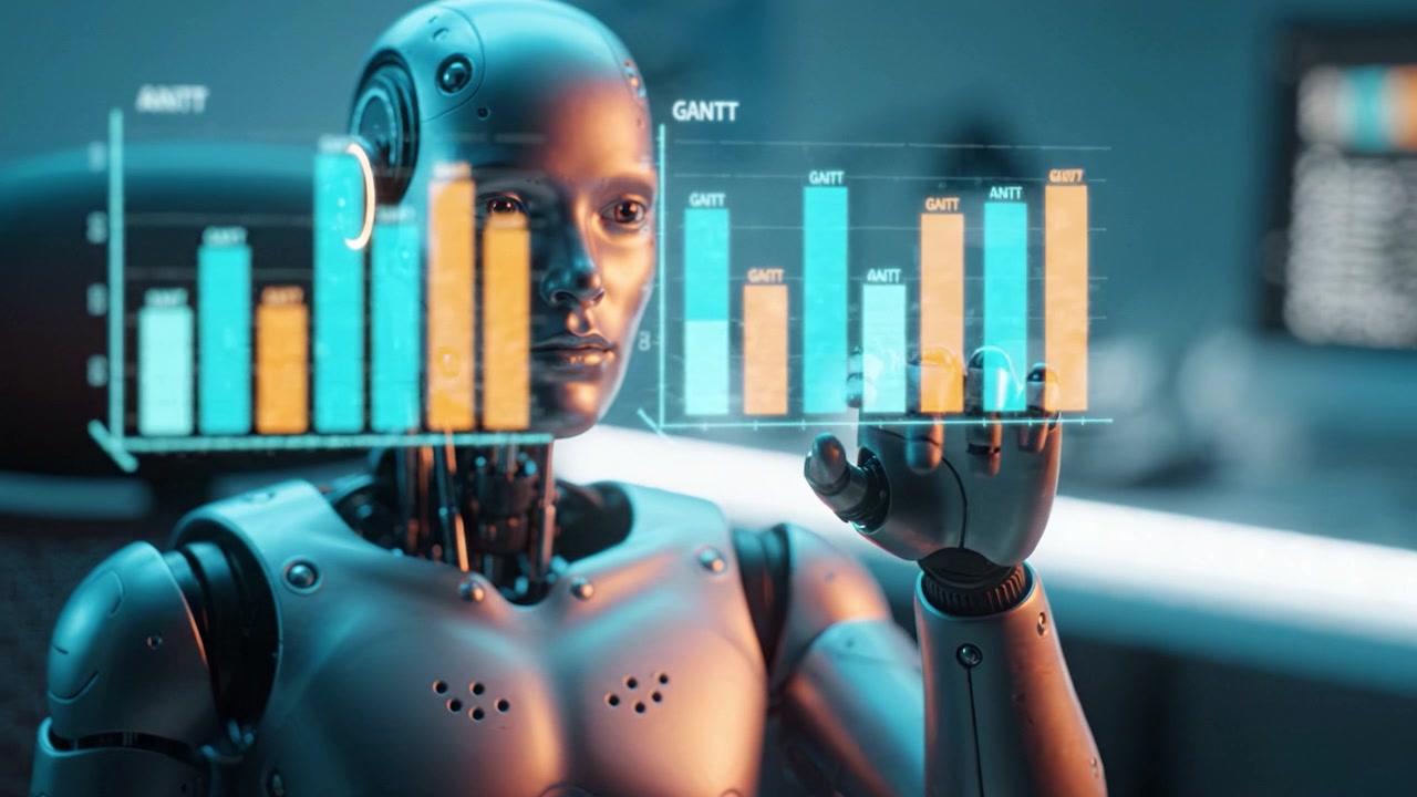 An Intelligent Robot Analyzes Data Displays in a Modern Technological Environment, Exploring the Intersection of Artificial Intelligence and Computation.