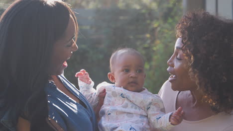 grandmother with adult daughter and baby granddaughter playing in garden at home together