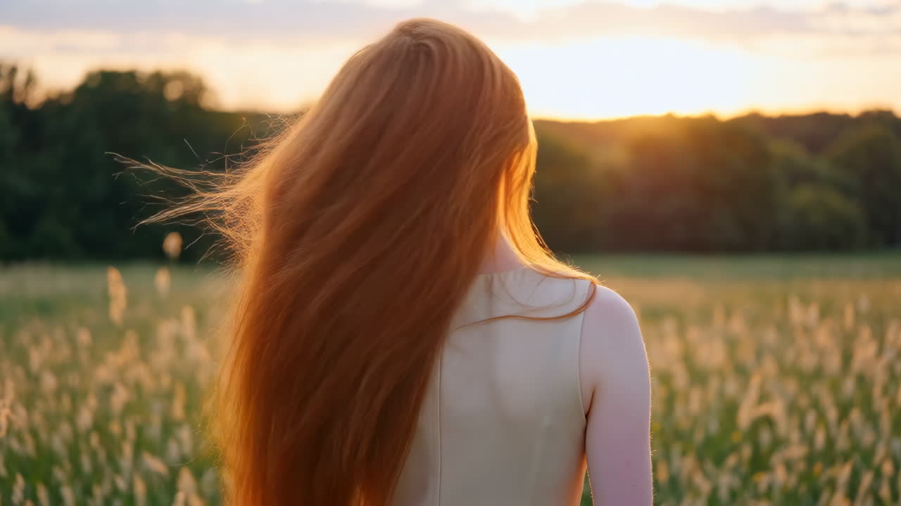 Red-haired woman in a sunlit field at sunset