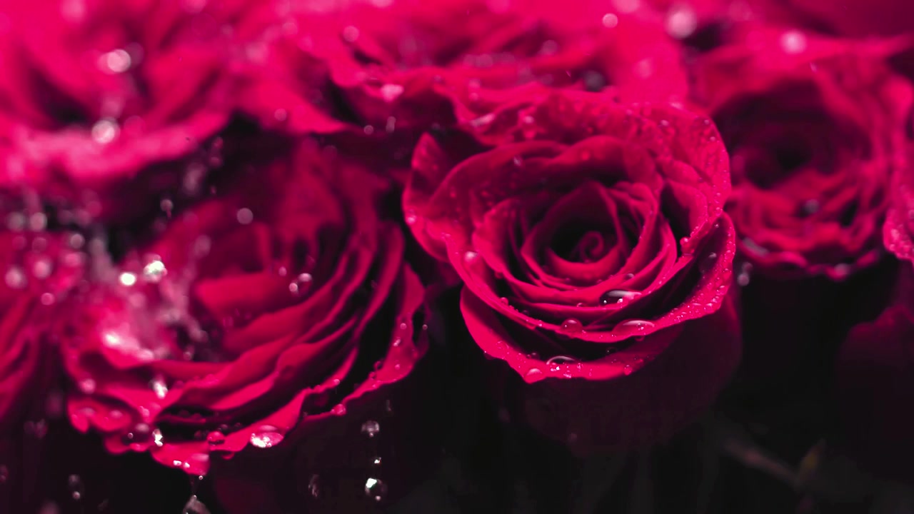Macro primo piano di rose rosso intenso mentre goccioline d'acqua cadono su petali vellutati, creando uno sfondo floreale romantico per progetti a tema bellezza, matrimoni, San Valentino, lusso e amore.