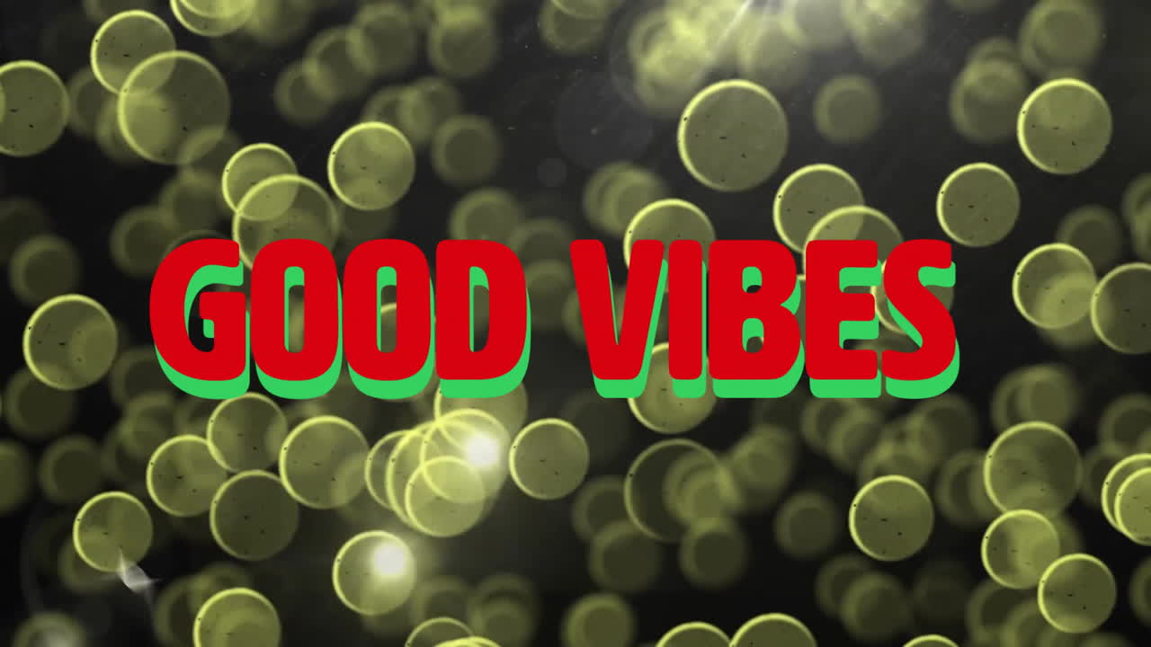 좋은 진동! 빛나는 보케 조명 배경 위의 텍스트 애니메이션