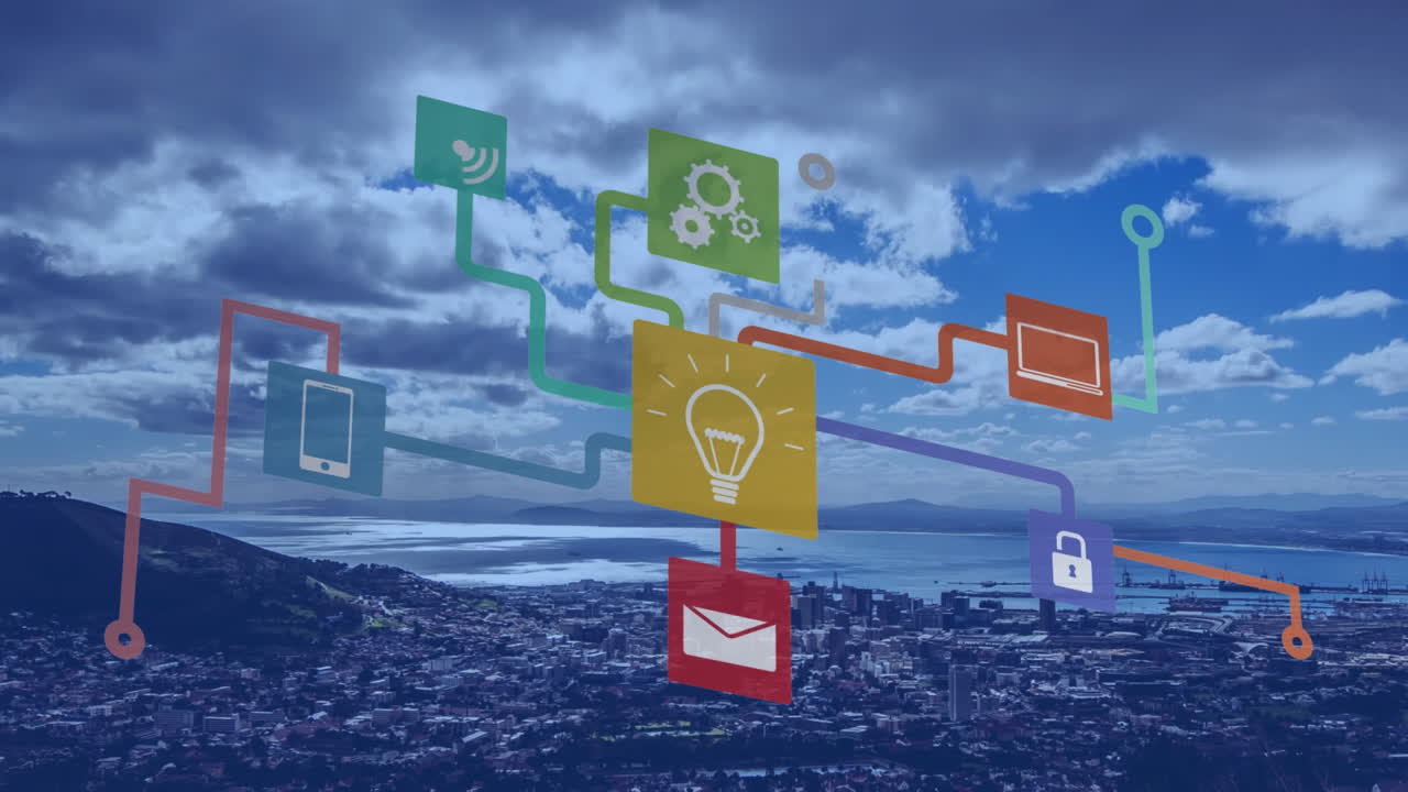 도시 풍경과 해양 풍경 위의 기술 아이콘의 애니메이션