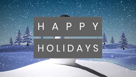 animation of happy holidays text over winter scenery