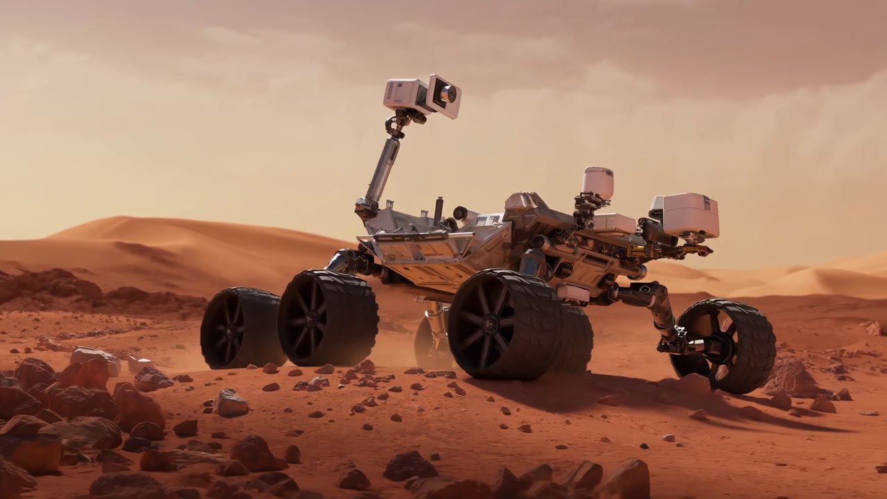 Mars Rover Surveys Rocky Red Landscape At Dusk, Robotic Geologist Extends Camera Mast And Navigates Sandy