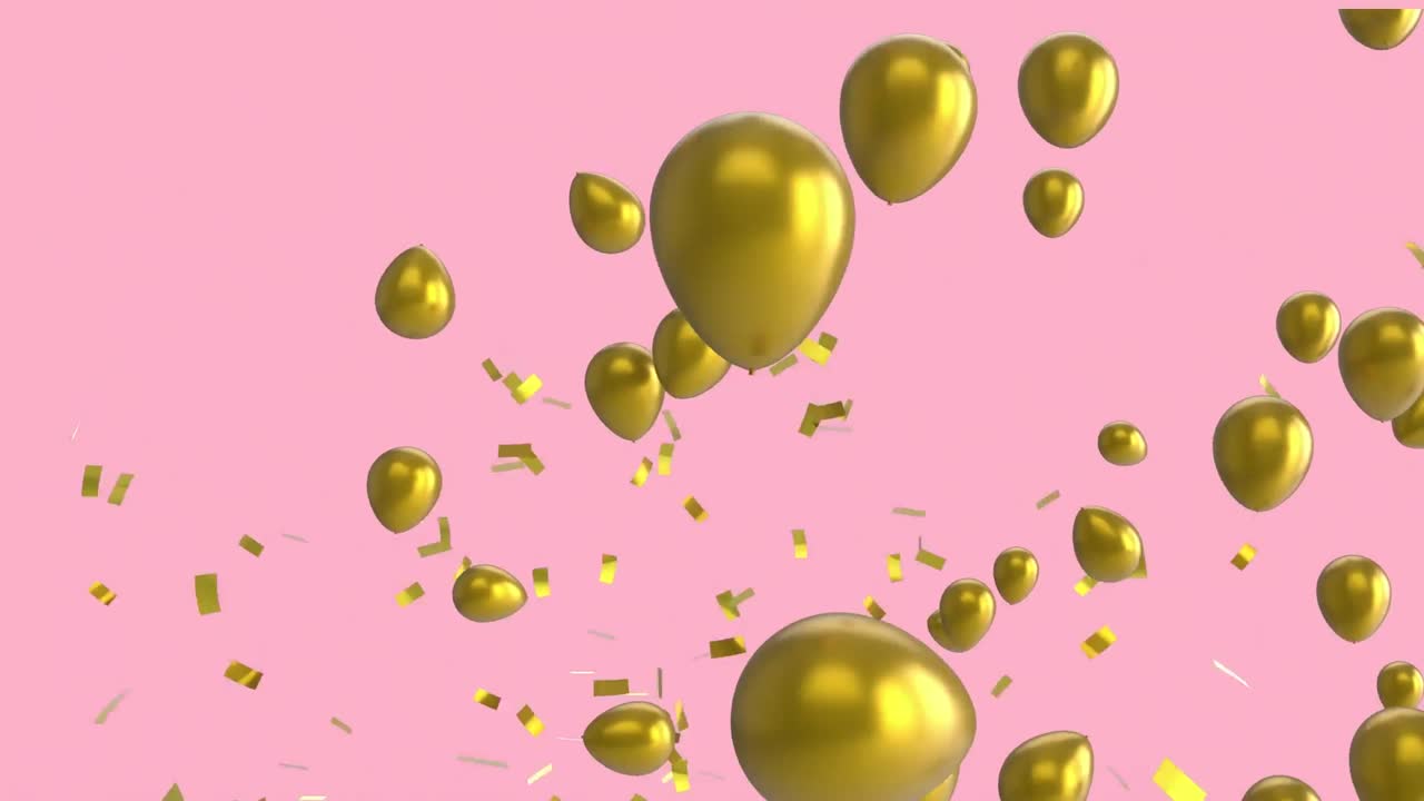 animación de globos de oro que se elevan, con confeti de oro cayendo sobre un fondo rosa