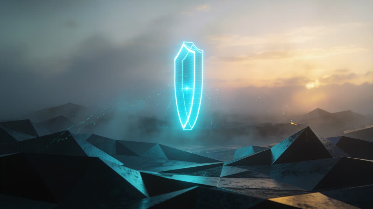 Forming hologram cyan shield, arcs igniting above ground at dawn, morphing into cyan bar activating
