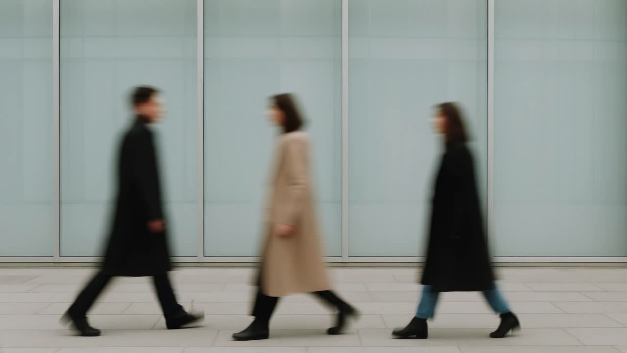 Minimalist video concept with a side view angle capturing people walking in motion blur