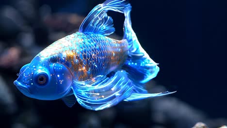 a fish with a blue body and orange fins is swimming in a dark blue ocean. the fish is surrounded by a glowing light that makes it look like it's glowing from within. the image has a dreamy
