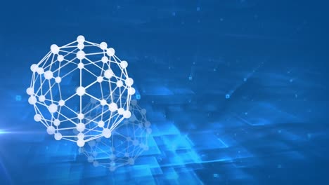 animation of globe of network of connections over light trails and square shapes on blue background