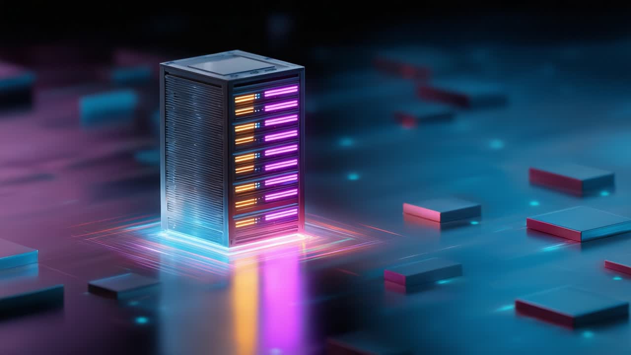 A Futuristic Data Center Server Tower Surrounded by Glowing Data Blocks, Showcasing Advanced Technology and Virtual Connectivity in a Vibrant Digital Landscape