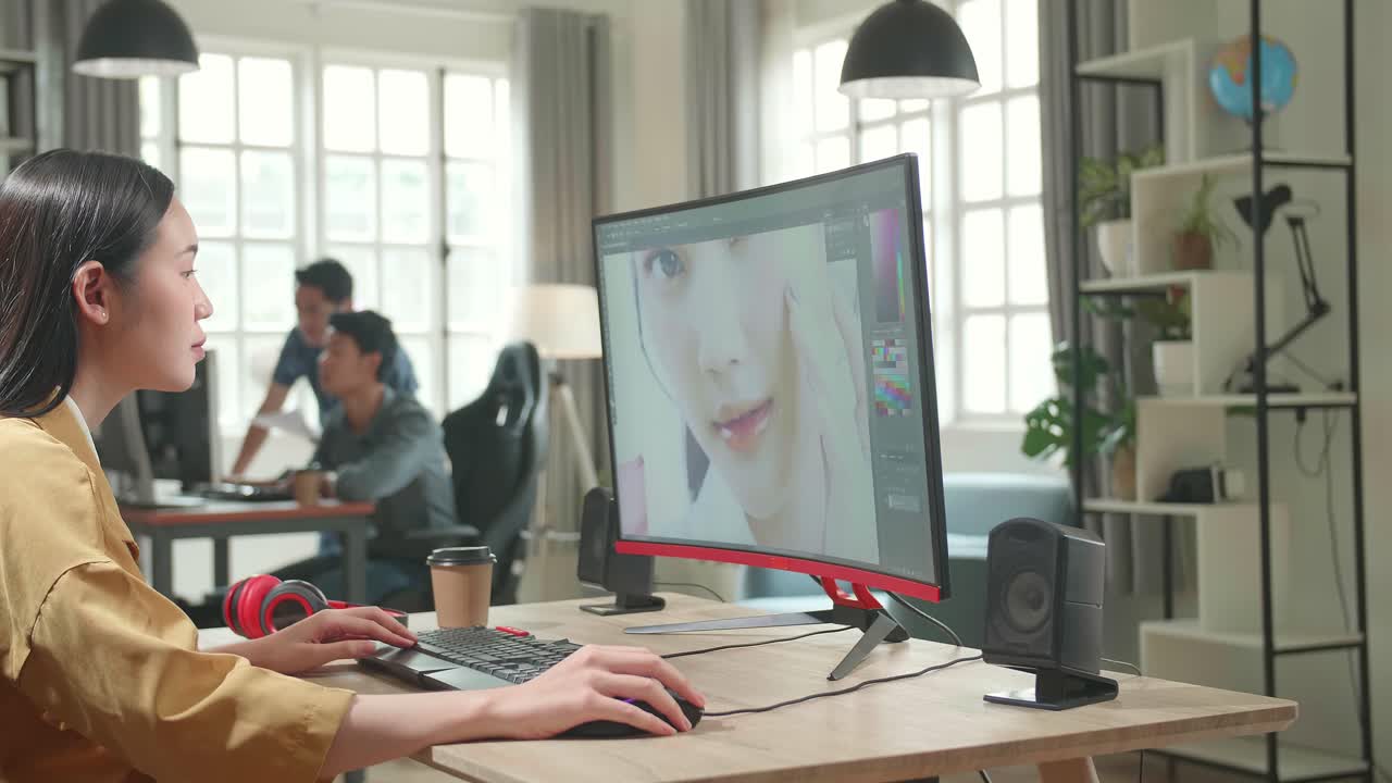 Asian Female Digital Editor Works In Photo Editing Software On Her Personal Computer With Big Display In Office