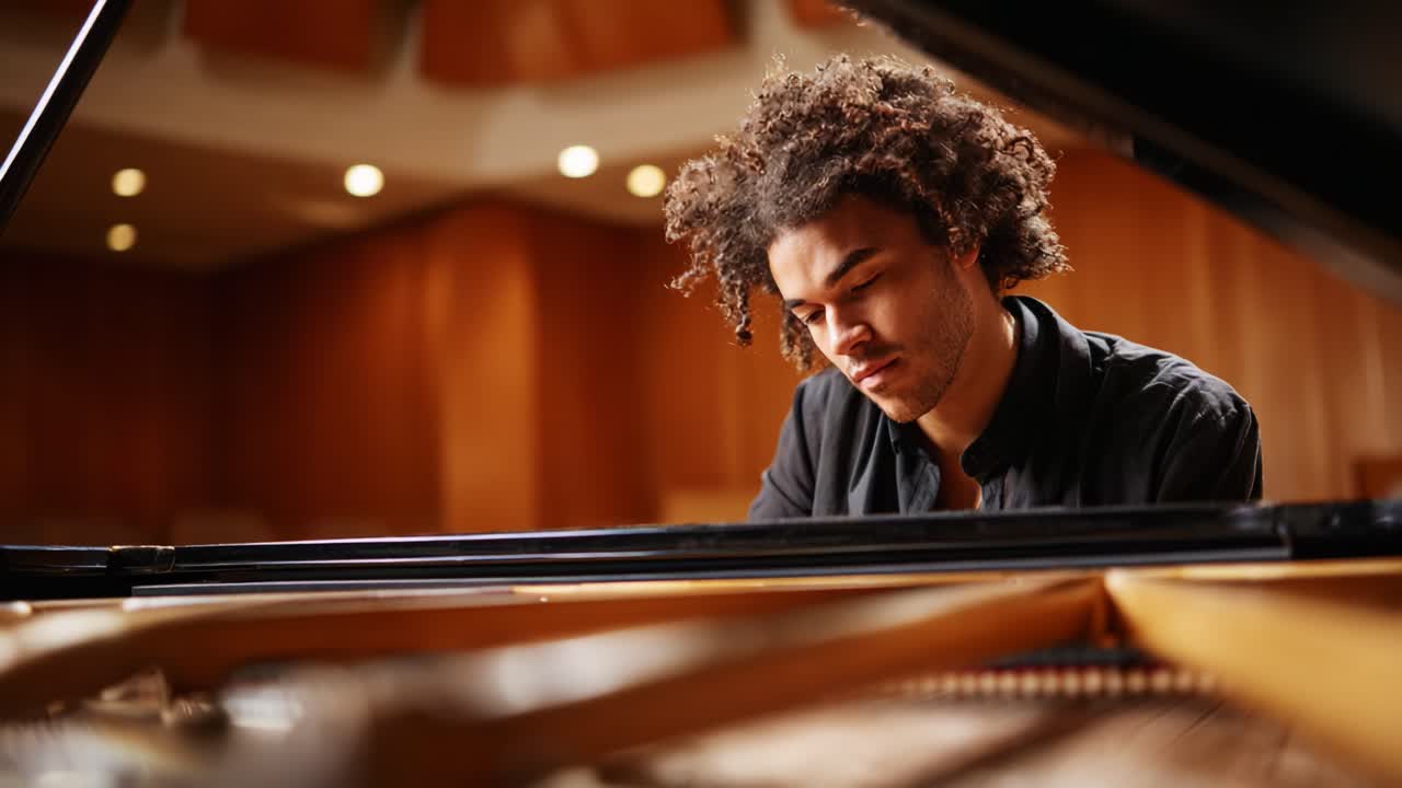 Un pianista di talento offre un'interpretazione carica di emozioni in una sala pianoforte straordinariamente realizzata, con texture e atmosfera intense, nel cuore della creazione musicale