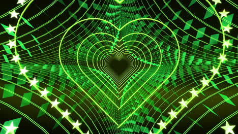 green hearts background with design hearts in loop, stage video background for nightclub, visual projection, music video, tv show, stage led screens, party or fashion show