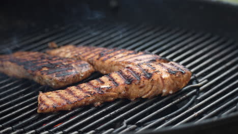 Filetes-De-Salmón-A-La-Parrilla-En-La-Barbacoa-Humeante-Caliente-Sobre-Las-Brasas-Y-Las-Llamas---Vista-Aislada-Deslizante-En-Cámara-Lenta