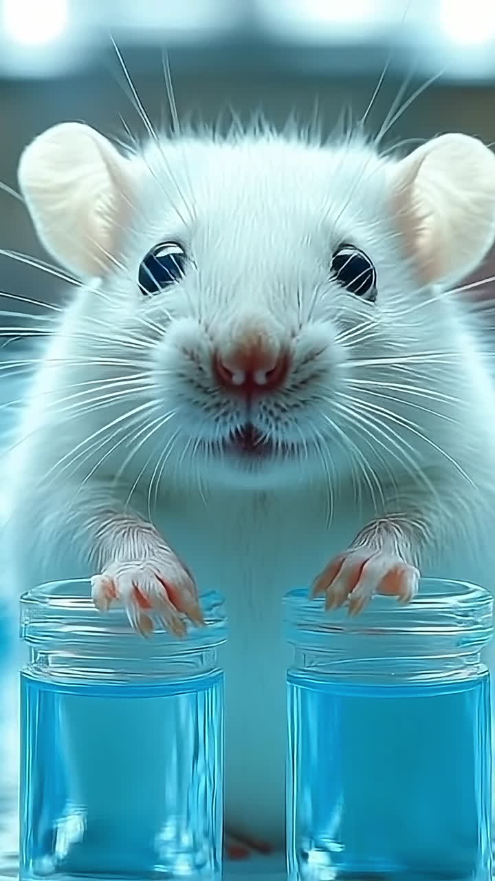 White mouse exploring laboratory samples. A white laboratory mouse curiously investigates small blue vials in a research setting.