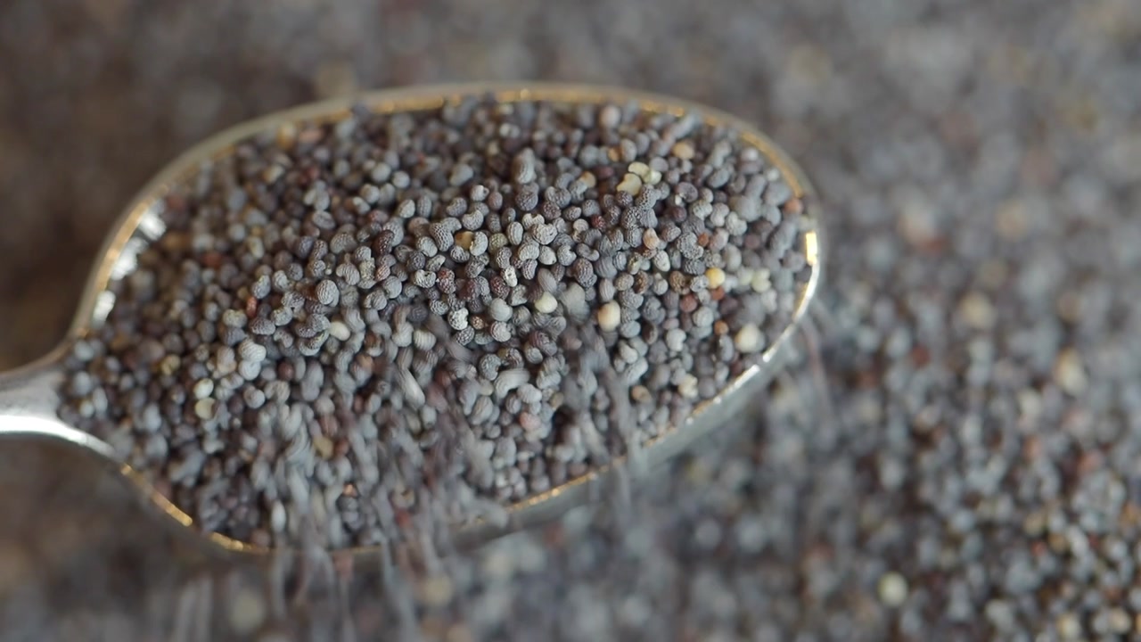 Macro Shot of Poppy Seeds Falling from a Silver Spoon