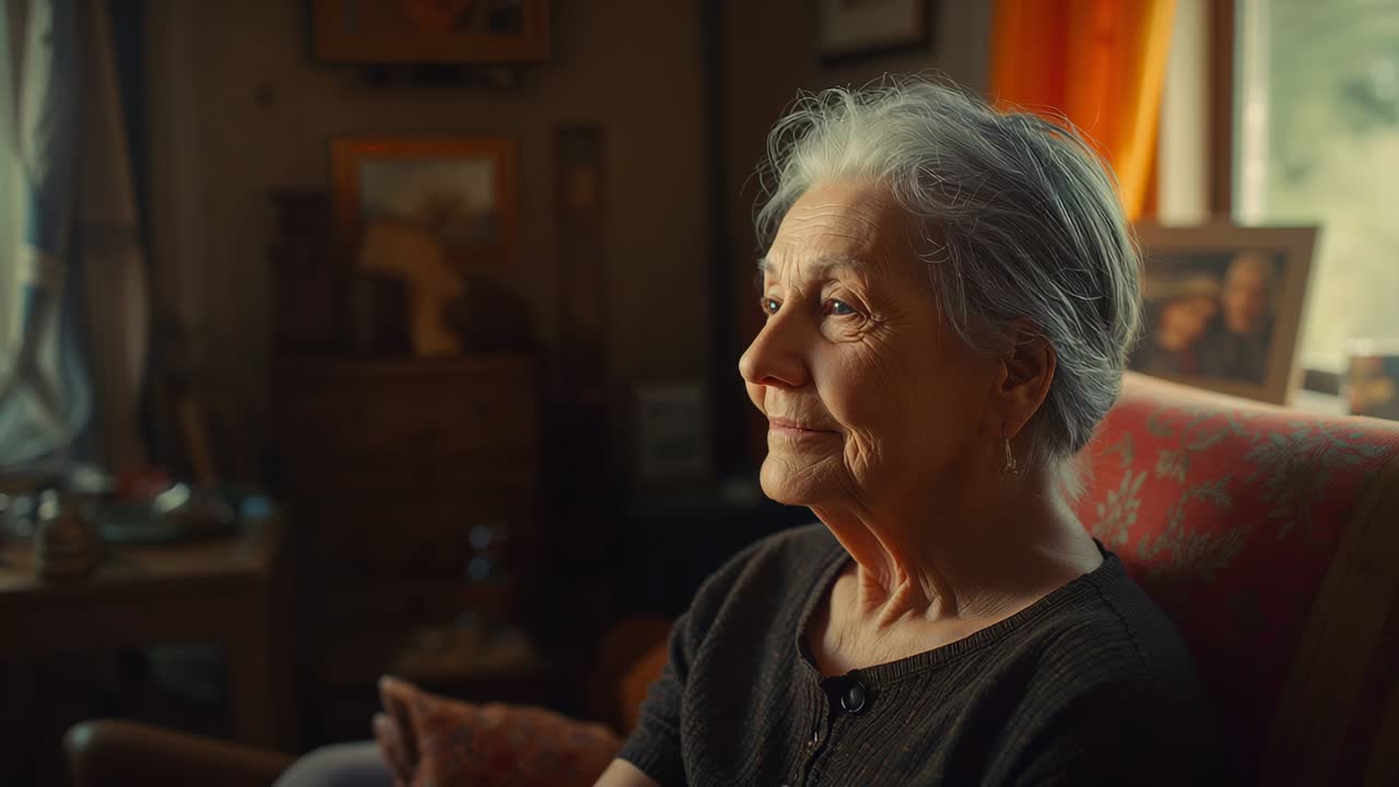 Anziana signora seduta che segue la luce del sole attraverso la finestra di casa su una poltrona decorata, mentre ricorda